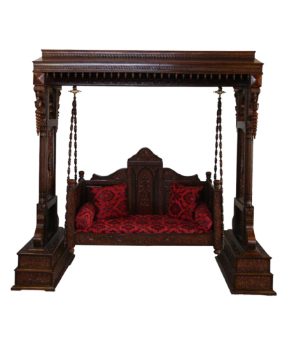 wooden swing with printed red cushion