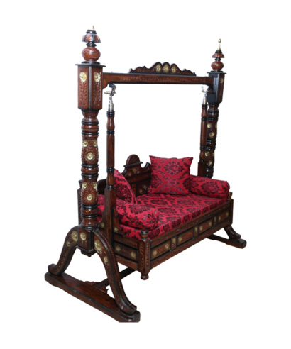 wooden swing with red cushion
